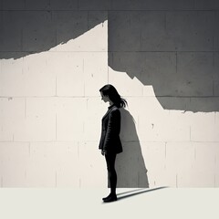 a girl standing in front of a wall, representing the feeling of being stuck and unable to move forward that can come with mental illness, generative ai
