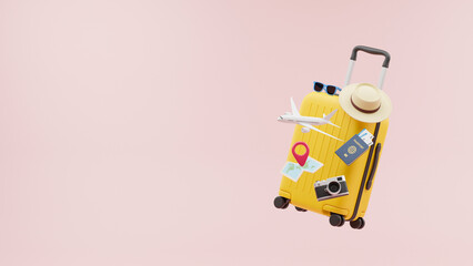 Traveler tourist accessories luggage suitcase sun glasses hat camera passport tickets vacation holidays trip plane map pin. travel concept. 3d rendering.