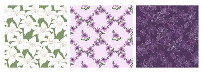 Floral Seamless Pattern set with hand drawn flowers lilly