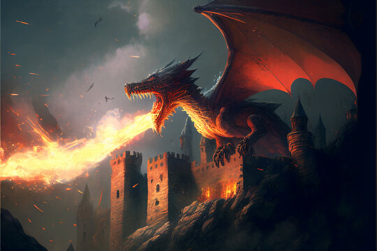 Fairy-tale dragon breathes fire against the background of an ancient castle. AI generated.