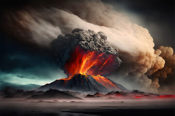 Volcano eruption with lava and magma fire explosion from the vulcan cater
