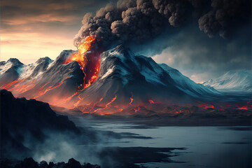 Volcano eruption with lava and magma fire explosion from the vulcan cater