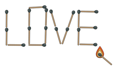 The word love from matches. Wooden whole