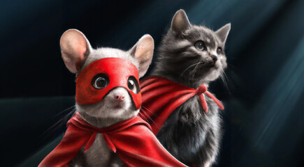 Mouse and cat as superheroes with red cape and mask, generative ai - obrazy, fototapety, plakaty