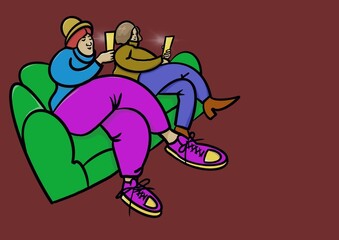 women sit on the sofa with mobile phones in their hands