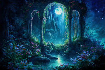 Enchanted Garden. A gazebo overgrown with flowers, a waterfall and a night sky with a full moon. Landscape of fairies and elves. Post-processed digital AI art - obrazy, fototapety, plakaty