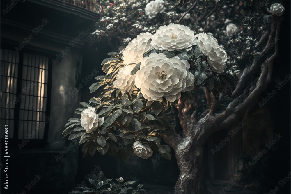 Poster a large white flowered tree in front of a building with a window and a door in the background with a