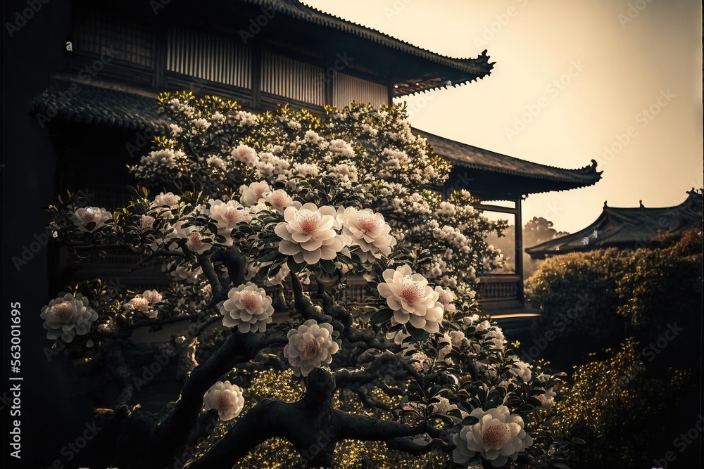 Poster a tree with flowers in front of a building with a pagoda in the background and a pagoda in the foreg