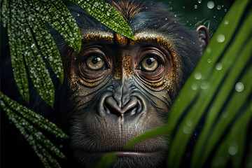 Portrait of wild african chimpanzee ape in tropical forest.  Monkey peeking out of the jungle. Digital art