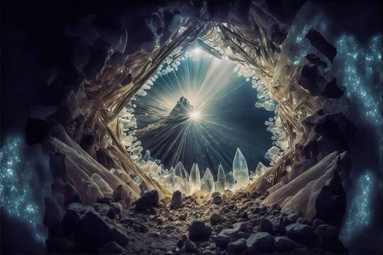 Sunrise view from giant crystal cave. Digital art