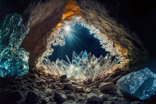 Sunrise view from giant crystal cave. Digital art