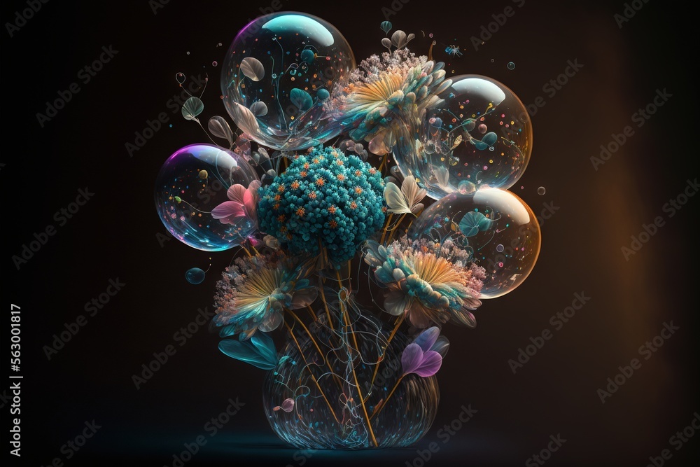 Poster a vase filled with lots of bubbles and flowers on a table top with a black background behind it and 