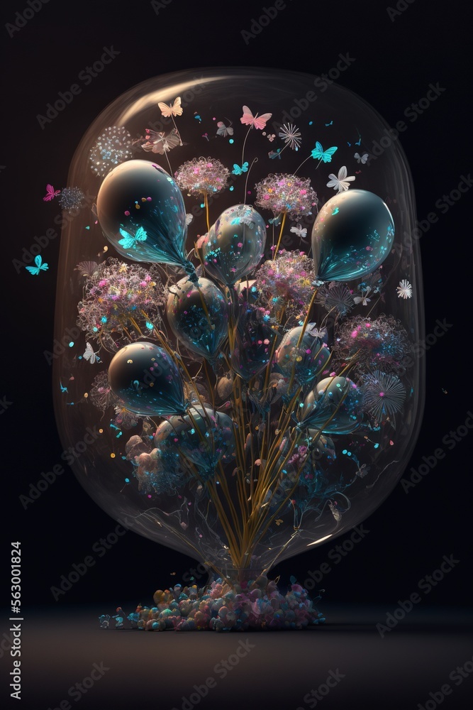 Poster a vase with flowers and butterflies in it on a table top with a black background and a butterfly fly