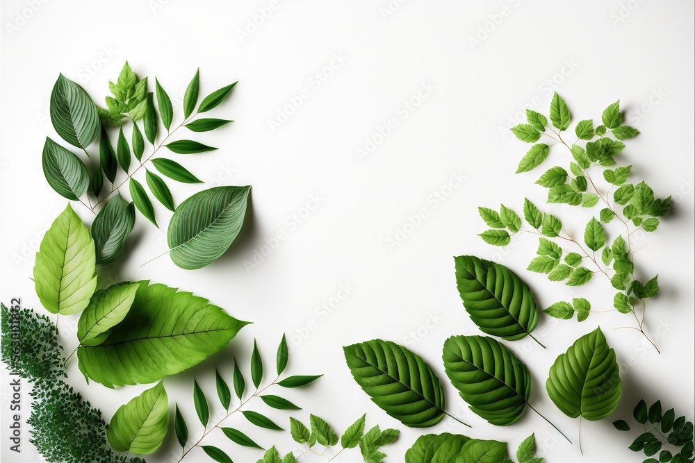 Poster  a group of green leaves on a white background with a place for text or image on the bottom right corner of the image is a green leaf border with a few leaves and a few. generative ai
