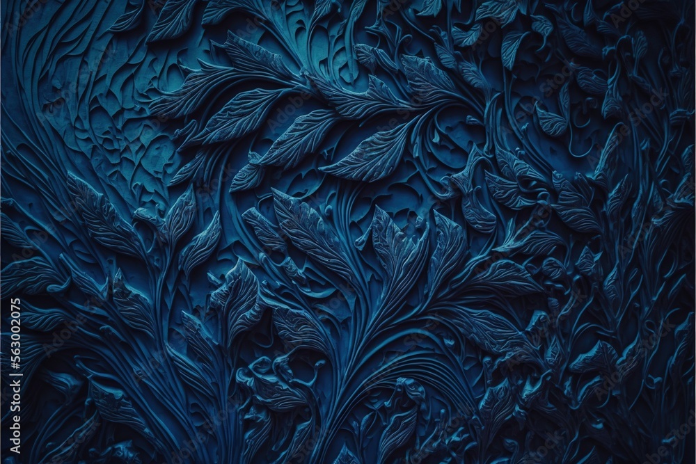 Aufkleber a blue background with a pattern of leaves and flowers on it, with a black background with a blue bo