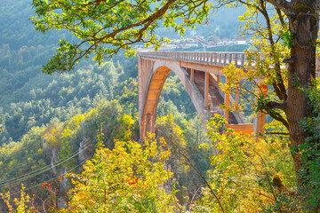 Arch Bridge Over Mountain Canyon . Durdevica Tara bridge in Montenegro 
