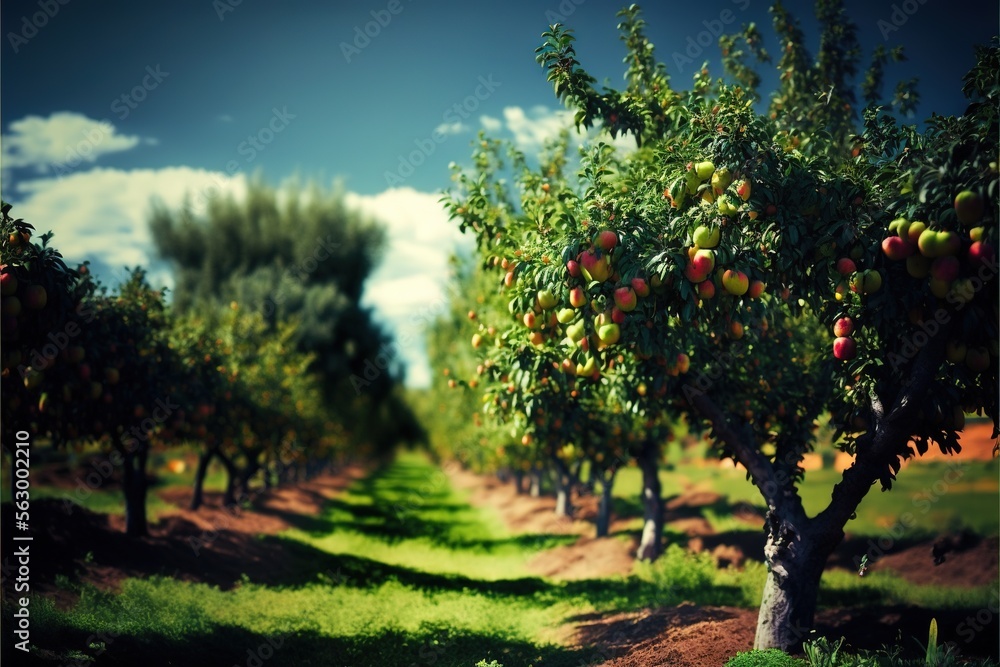Aufkleber a field with many trees and grass on the ground and a dirt path leading to the trees with apples on 