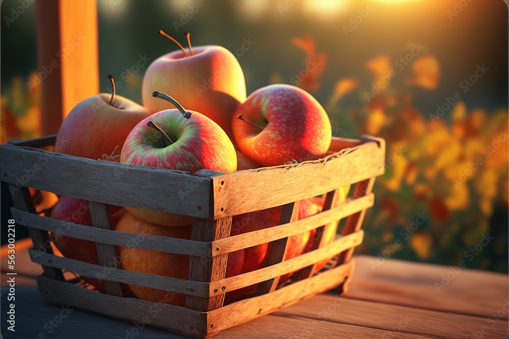 Poster a wooden crate filled with apples on top of a table next to a window with a sun shining on the backg