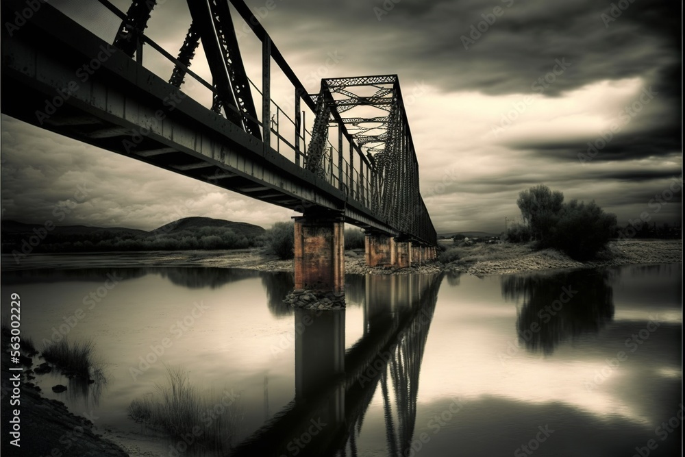 Poster a bridge over a body of water under a cloudy sky with a few clouds above it and a few trees in the f