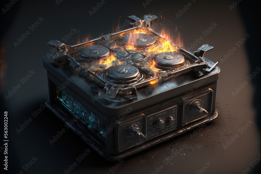 Poster a stove with a bunch of burners on it's burners and a flame coming out of it's burners and a black b