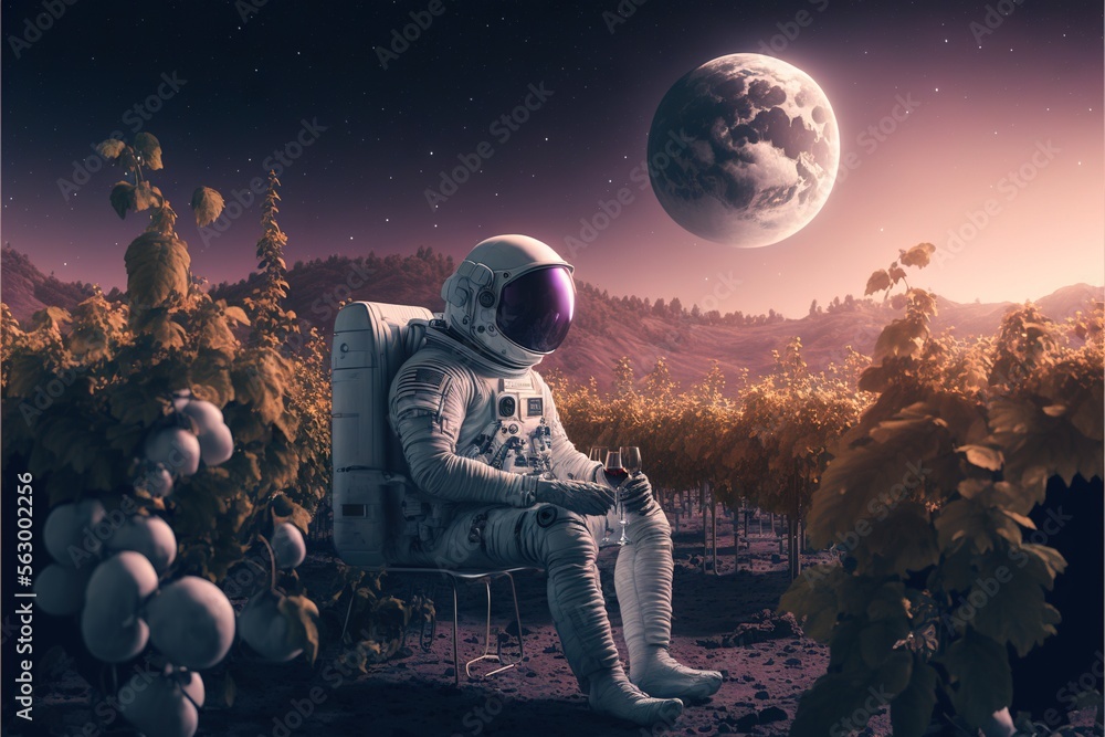 Poster an astronaut sitting in a chair in a field of grapes with a full moon in the background and a distan