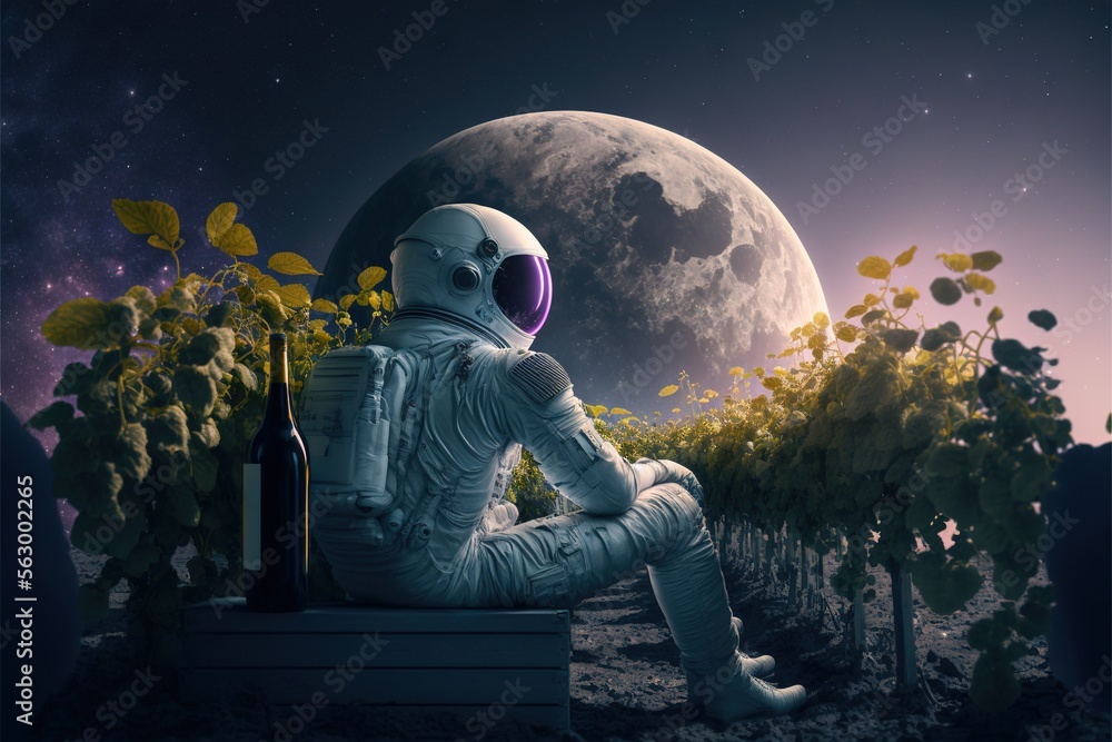 Poster a man in a space suit sitting on a bench with a bottle of wine in his hand and a full moon in the ba