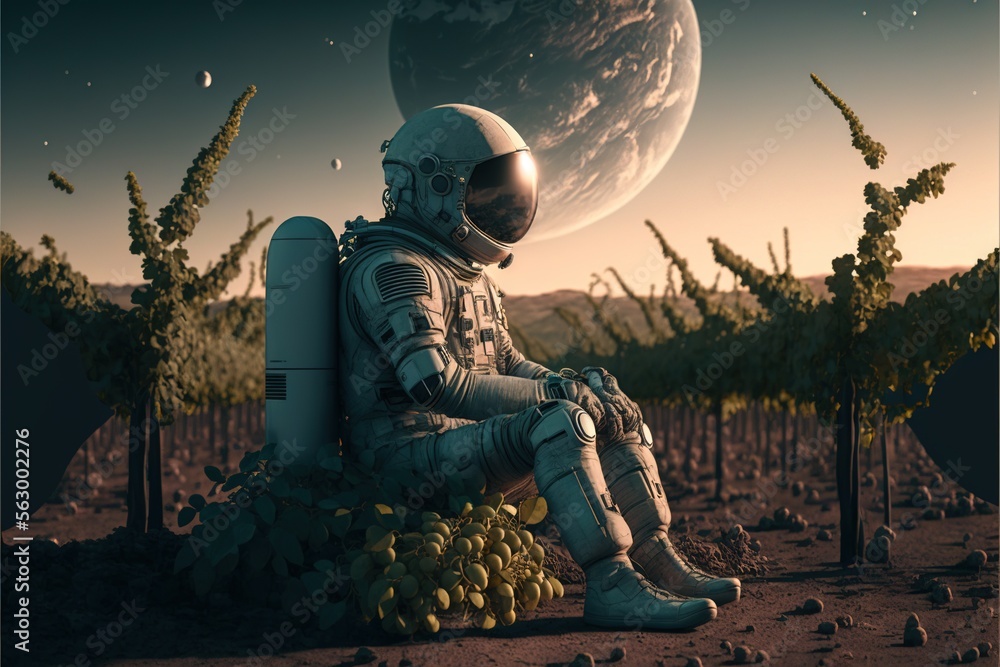 Poster a man in a space suit sitting on a piece of fruit in a desert area with a planet in the background a