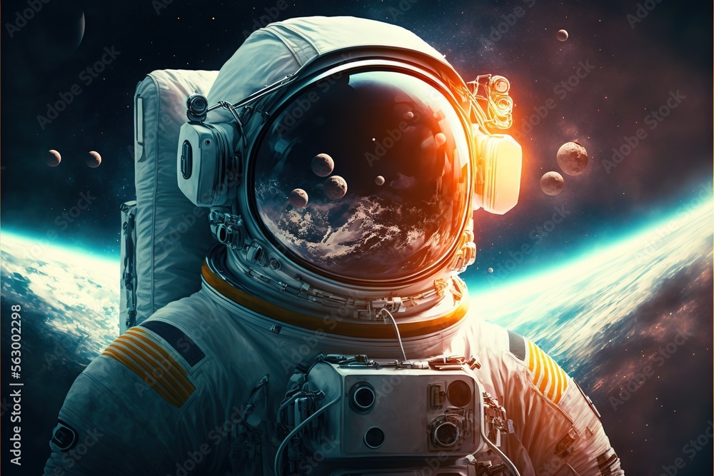 Poster an astronaut in outer space with planets in the background and a bright light shining on the earth b
