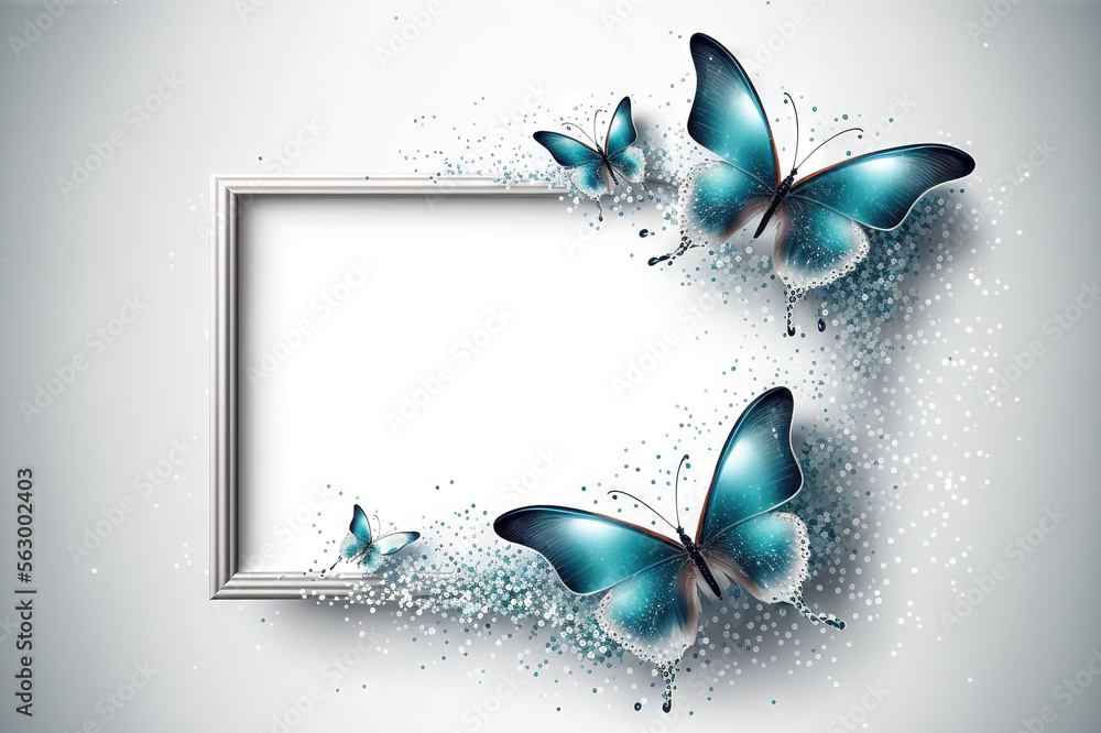 Poster a picture frame with two butterflies flying around it and a white background with a silver frame for
