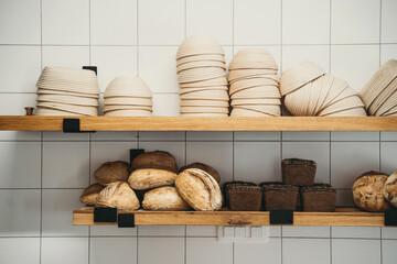 Interior details at the bakery and coffee shop. Zero waste shop or sustainable local small...
