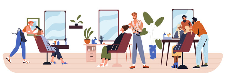 Hairdressers and clients in the salon. Set. Haircut, hair style. Male and female stylists. Beaty sphere concept. Salon interior. Flat vector illustration