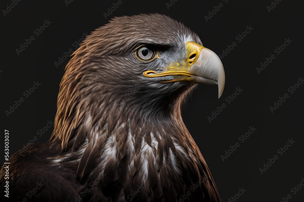 Poster a close up of a bird of prey with a black background and a yellow beak and head with a white and bro