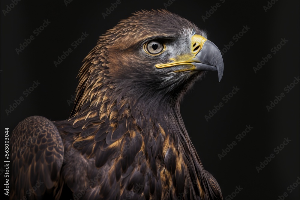 Poster a close up of a bird of prey with a black background and a yellow beak and headband with a black bac