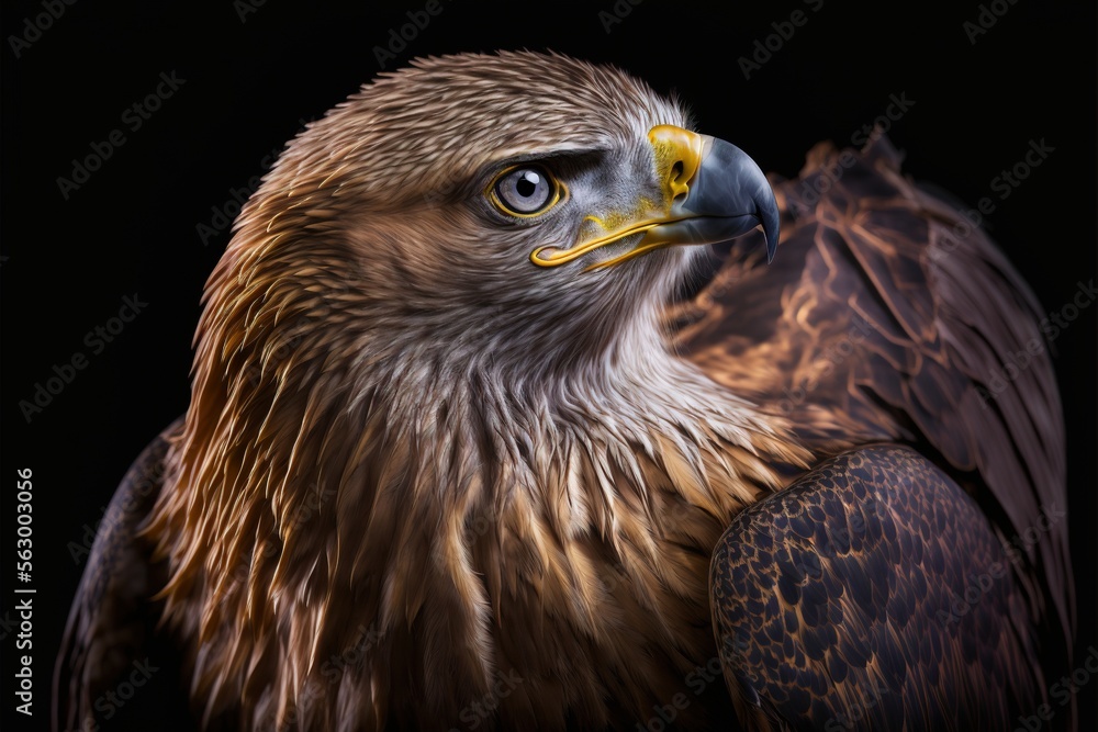 Poster a close up of a bird of prey with a black background and a yellow beak and head with a brown and whi