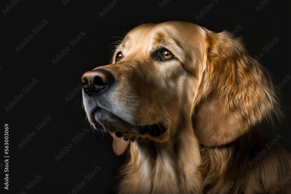 Poster  a dog with a black background looking up at something in the air with his mouth open and his eyes wide open, with a black background with a black backdrop of a black backdrop with., generative ai