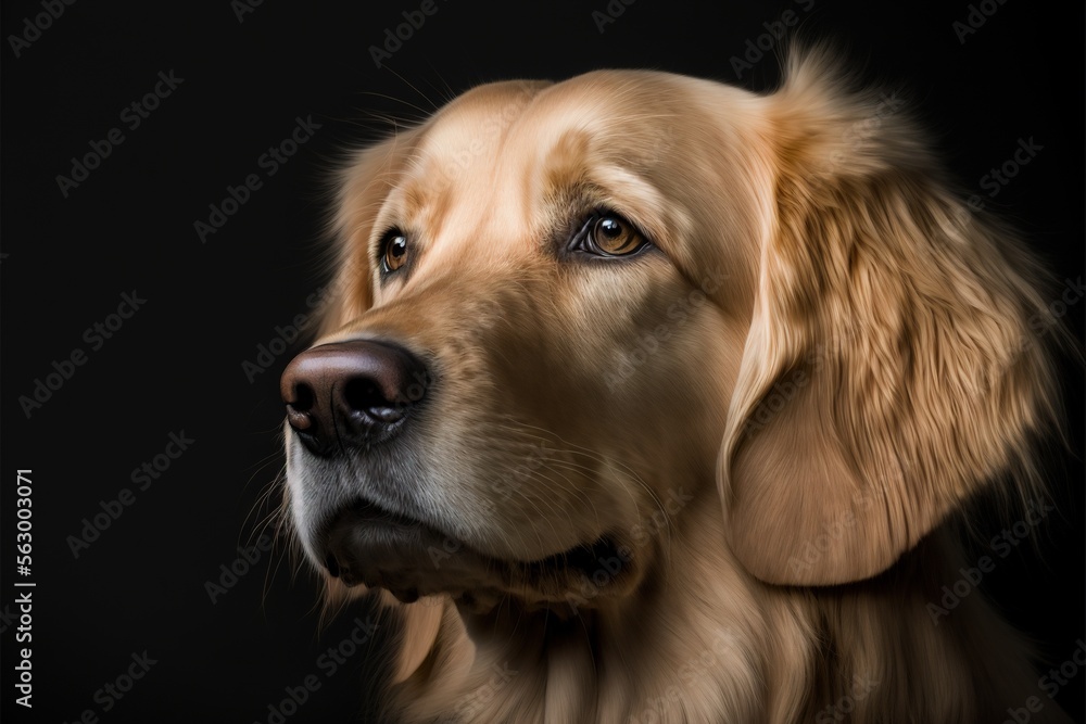 Poster  a close up of a dog's face with a black background behind it and a black background behind it with a dog's head and a black background with a dog's eyes., generative ai