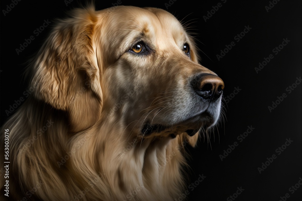 Poster  a close up of a dog's face with a black background behind it and a black background behind it with a dog's head and a black background with a dog's eyes., generative ai