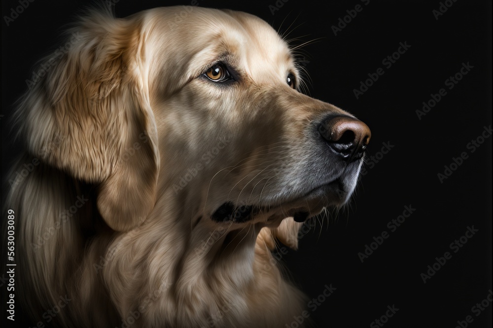 Poster  a dog with a black background looking up at something in the air with a black background and a black background with a dog's head and a black background with a white border with a., generative ai