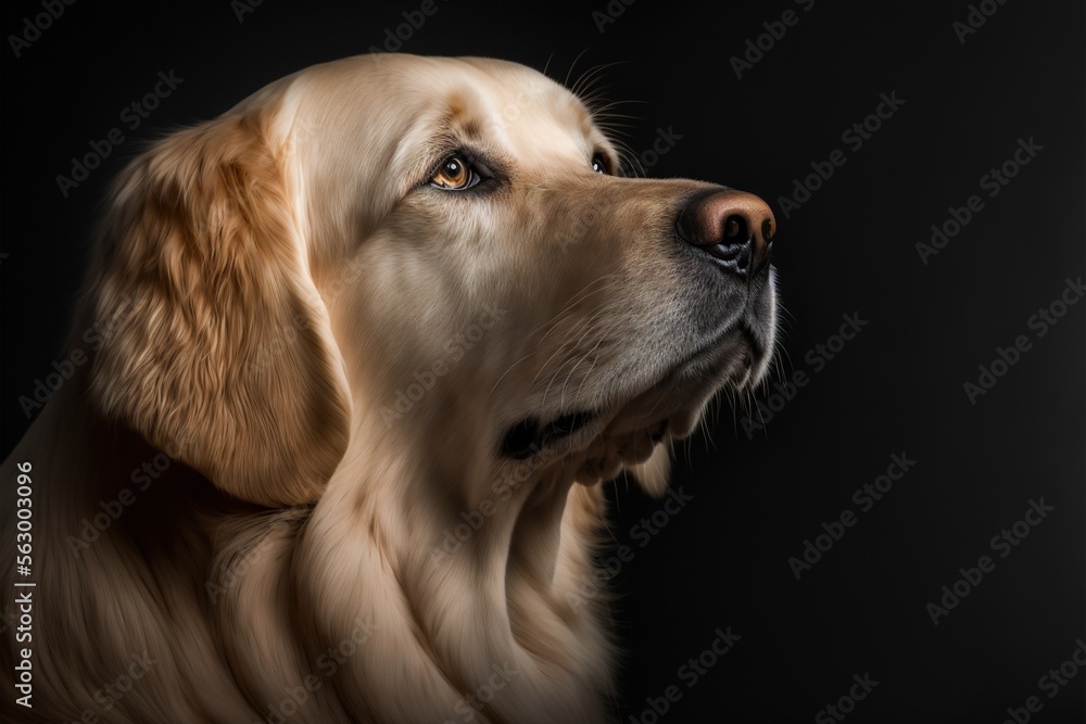Poster  a dog with a black background looking up at something in the air with his mouth open and his eyes wide open, with a black background with a black backdrop of a white border with., generative ai