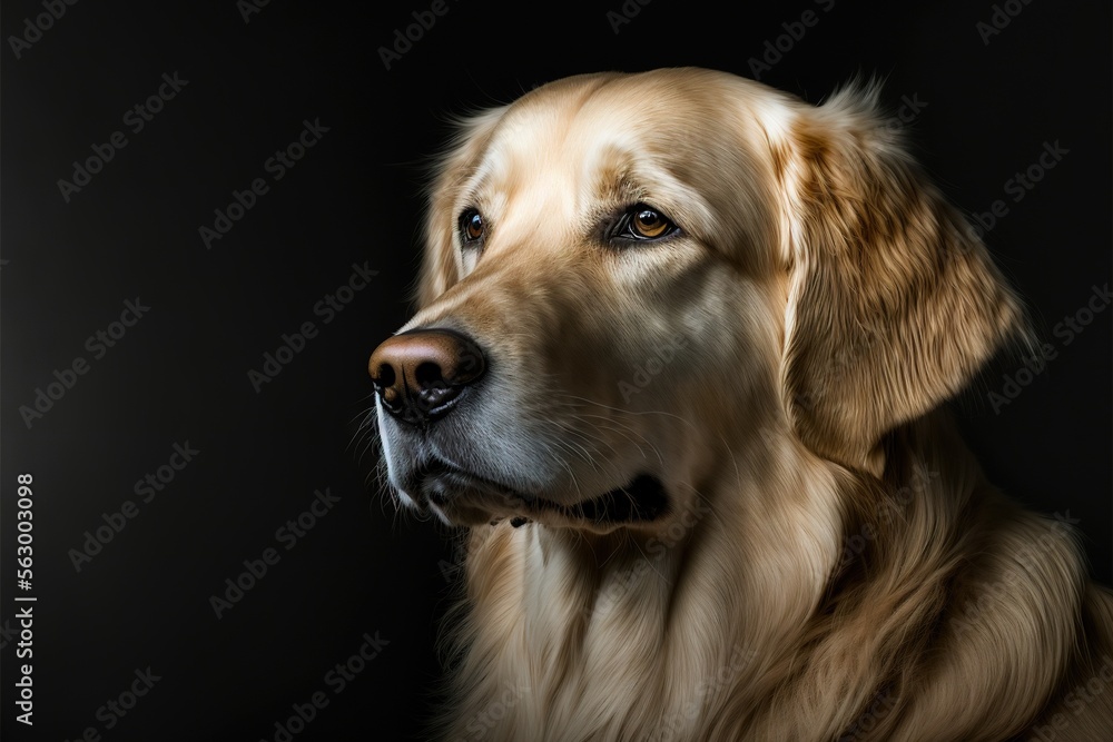 Poster  a dog with a black background is looking up at something in the air with a sad look on his face and eyes, with a black background of a black backdrop with a soft light., generative ai