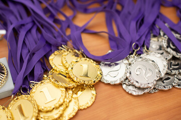 Medals for winners. Badge of distinction for sporting achievements.