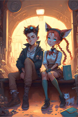 Fox Human Children Sitting Bench