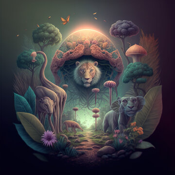 Psychedelic Landscape, Mushroom Forest - AI-Generated Digital Art