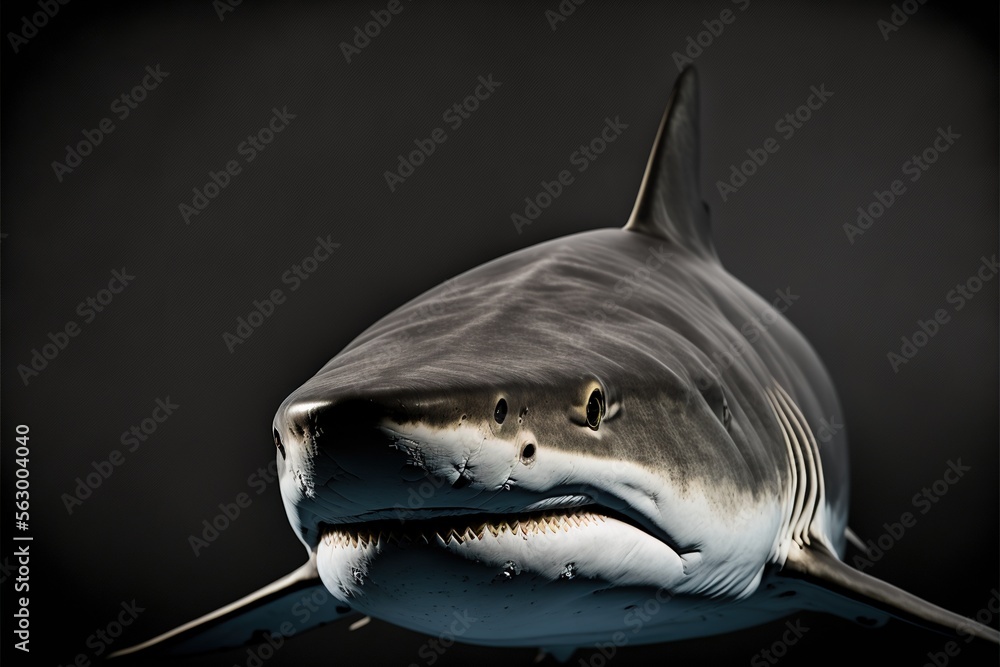 Poster a shark with a very large mouth and a very sharp teeth is shown in this black and white photo of a s