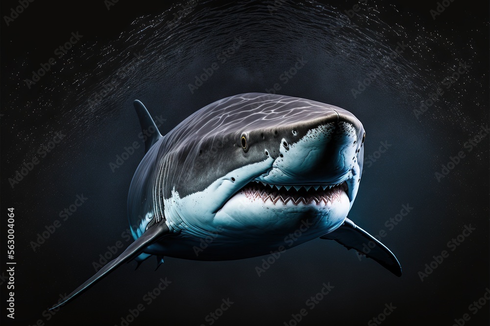 Poster a shark with a large open mouth and sharp teeth is shown in the water with a spray of water behind i