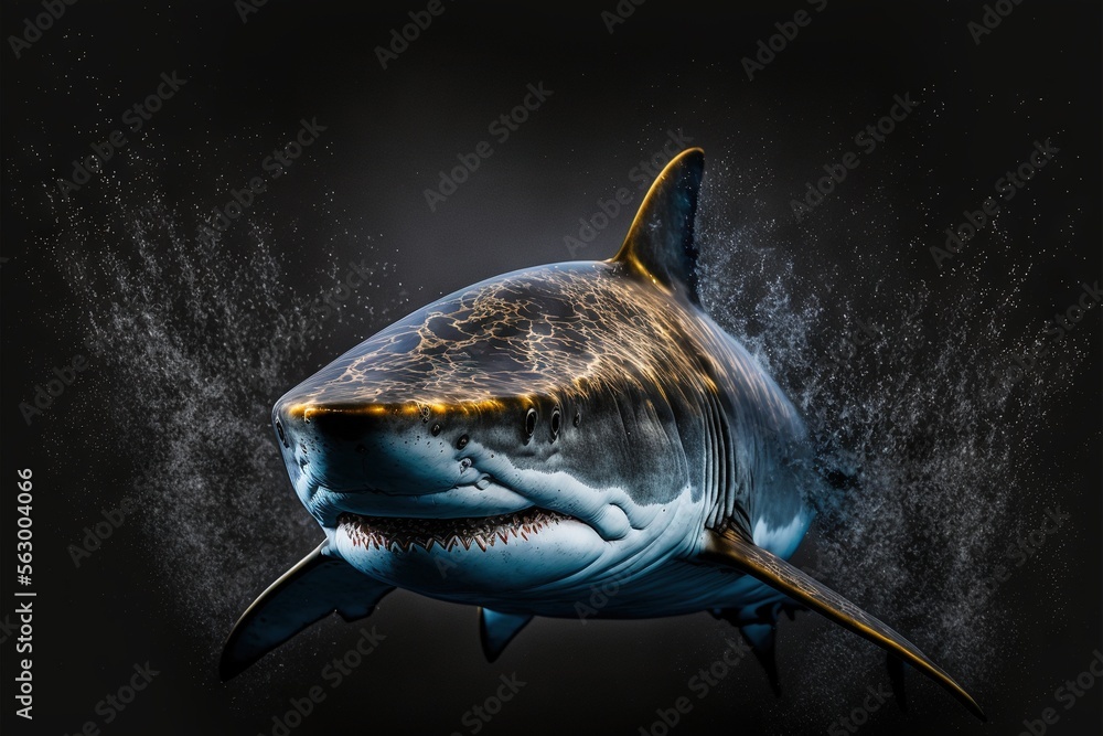Poster a shark with a large mouth and a large toothy mouth is shown in the water with bubbles coming out of
