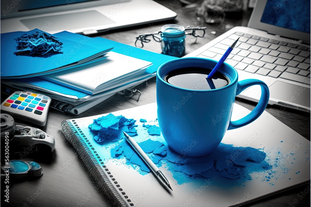 Poster a cup of coffee sitting on top of a desk next to a laptop computer and a notebook with a blue substa