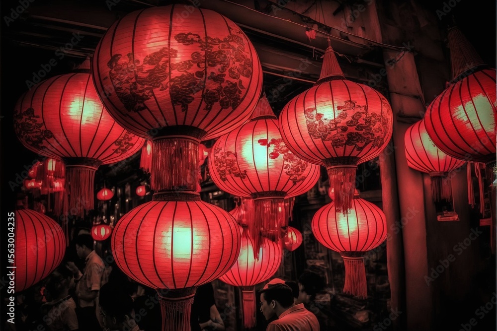 Poster a bunch of red lanterns hanging from a ceiling in a room with people standing around them and a woma