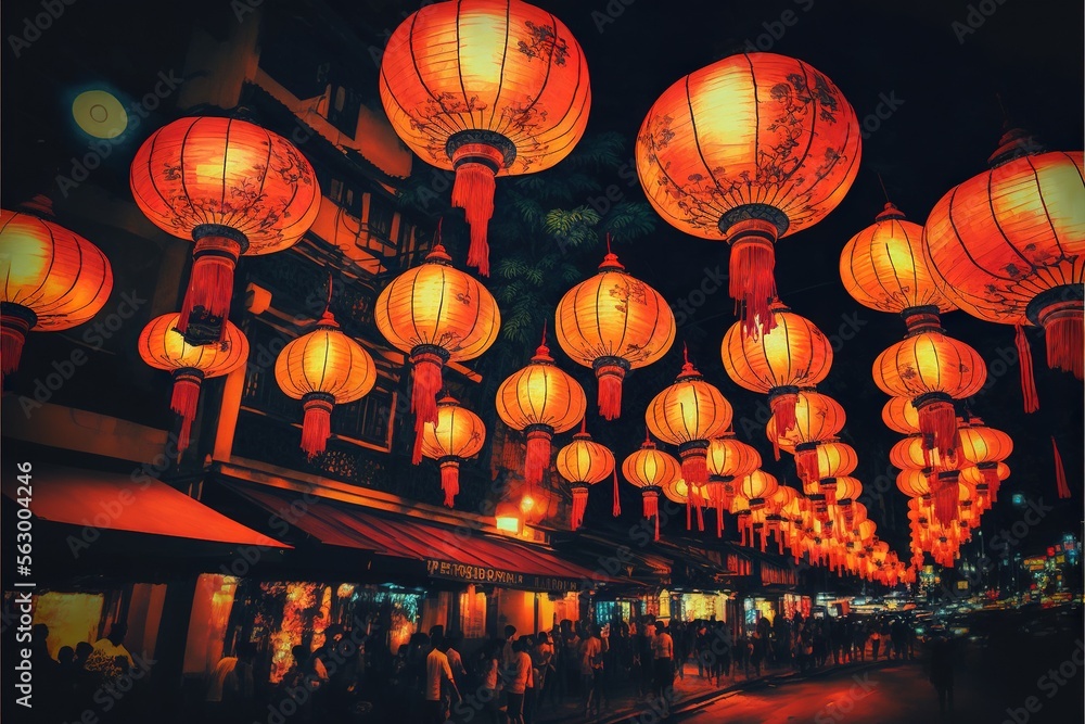 Poster a group of red lanterns hanging from the ceiling of a building at night time with people walking by 