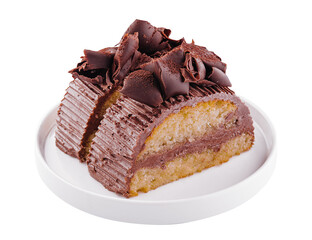 Chocolate roll with cream on a white plate
